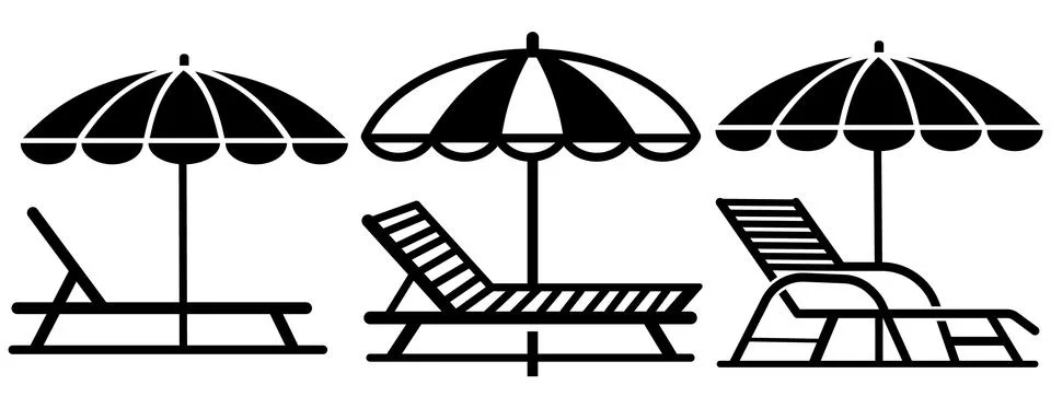 Three different beach umbrella and lounge chair icons Stock Illustration
