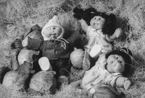 Three different cabbage patch dolls displayed next to heads of cabbage on a bed  Fotos de archivo