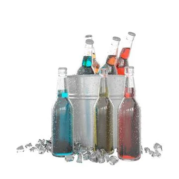 Three different colored bottles of soda in an ice bucket, 3d rendering Illustrazione stock