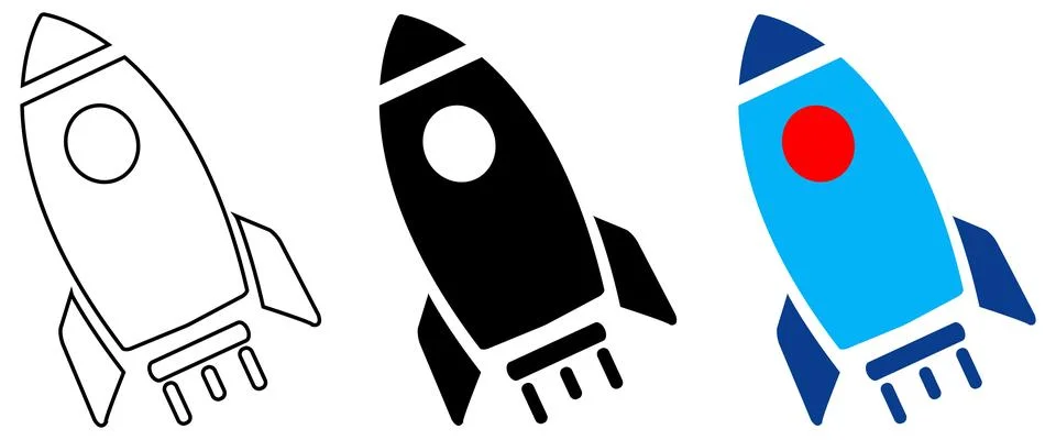 Three different colored rocket launch icons set on white background. 스톡 일러스트