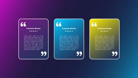 Three different colored testimonial cards on gradient background with feedbac 스톡 일러스트