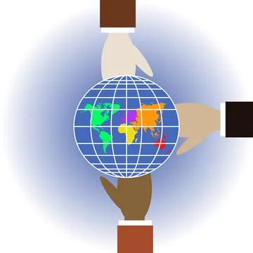 Three different colors human hands hold globe Stock Illustration