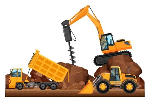 Three different construction trucks working Stock Illustration