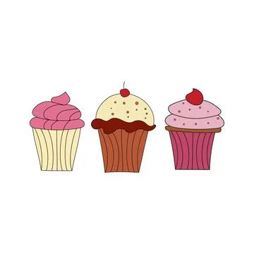 Three different cupcakes in style of line art on white background Stock Illustration