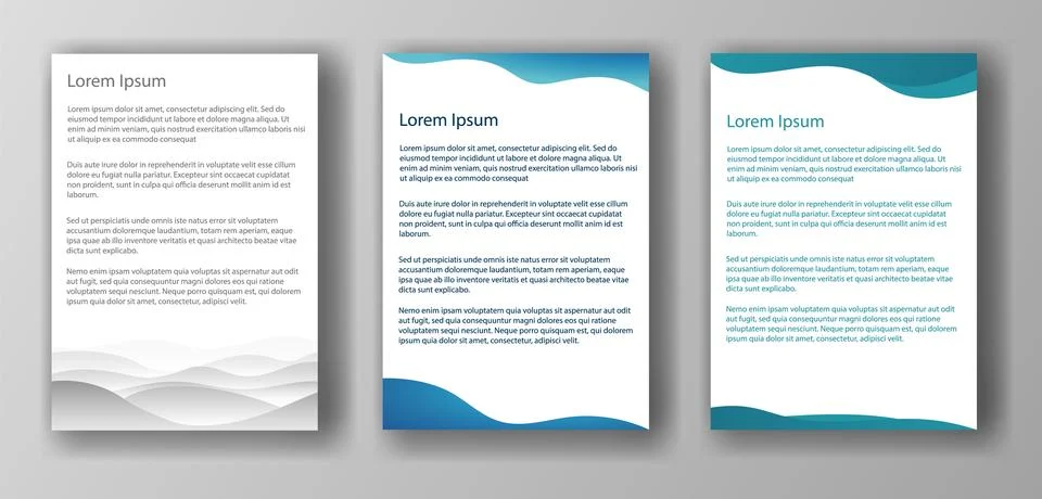 Three different document templates featuring wave designs at the top and bottom Illustrazione stock