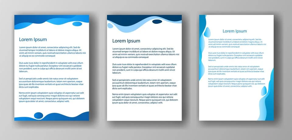 Three different document templates featuring wave designs at the top and bottom Stock Illustration