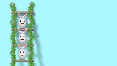 Three different easter eggs in funny expression on wooden ladder covered wi.. Stock Footage 304269670