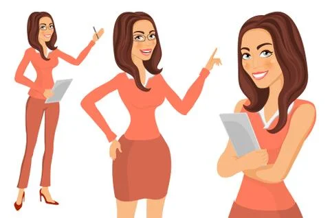 Three different full body illustration of beautiful brunette businesswoman .. Stock Illustration