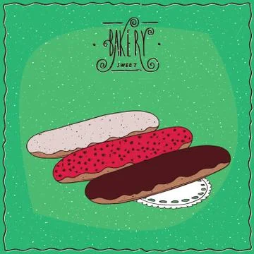 Three different glazed eclair on lacy napkin Stock Illustration