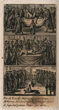 Three different methods of punishment and torture, including scourging the .. Stock Illustration
