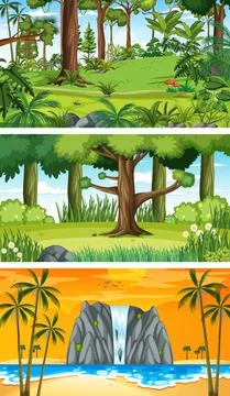 Three different nature horizontal scenes Ilustração Stock