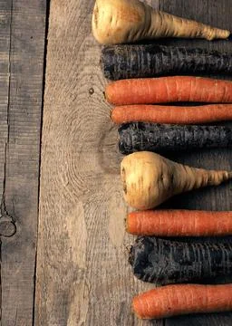 Three different root vegetables on a rustic wooden table Stock Photos