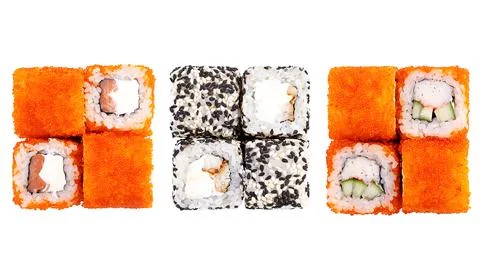 Three different sets of rolls. Classic sushi roll sets. Sushi on a white back Stock Photos