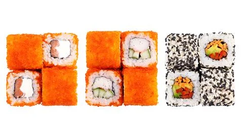 Three different sets of rolls. Classic sushi roll sets. Sushi on a white back Stock Photos