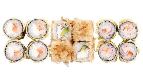 Three different sets of rolls. Classic sushi roll sets. Sushi on a white back Stock Photos