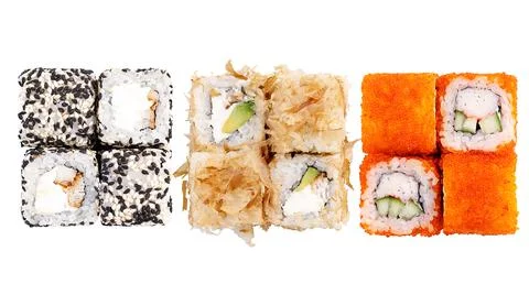 Three different sets of rolls. Classic sushi roll sets. Sushi on a white back Stock Photos