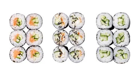 Three different sets of rolls. Classic sushi roll sets. Sushi on a white back Stock Photos