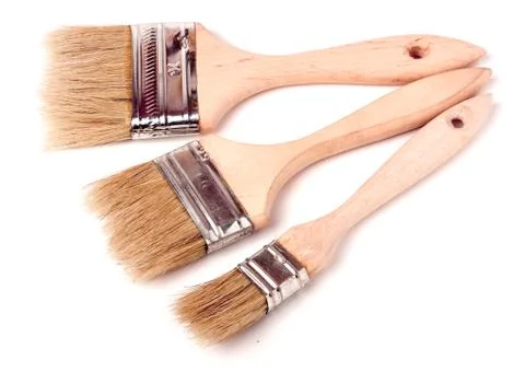 Three different size paint brushes isolated on white background Foto stock