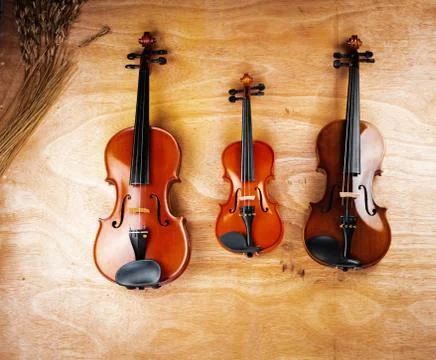 Three different size of violins put on wooden board,show detail of acoustic i Foto stock