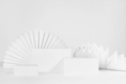 Three different size white rectangle podiums template with semicircle paper f Stock Photos