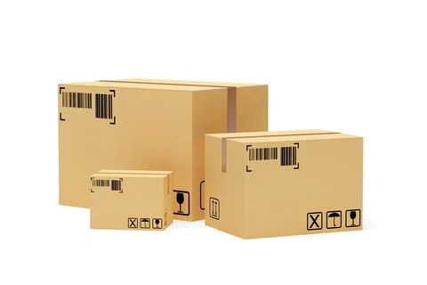 Three different sized carton cardboard boxes over white background, freight,  Stock Illustration