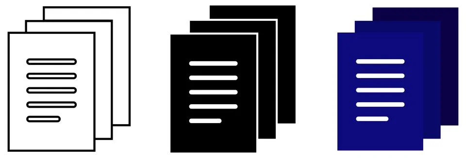 Three different styles of multiple stacked document paper icons with text. Stockillustratie