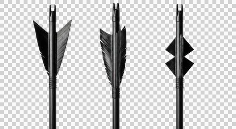 Three different types of arrows with unique tip designs on display isolated.. Stock Photos