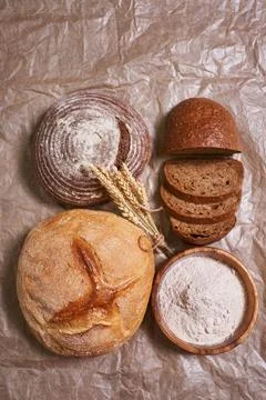 Three different types of bread, top view Stock Photos