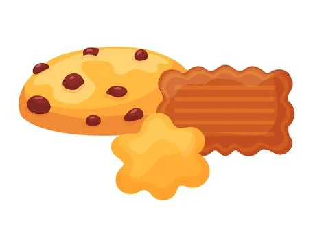 Three different types of cookies with chocolate chips and various shapes. Sweet Illustrazione stock