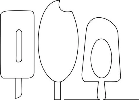 Three different types of popsicles on sticks in a simple line drawing. Vector Stock Illustration