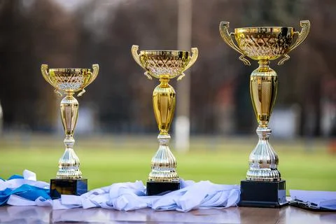 Three different types of winning gold cups on the table with medals Stock Photos