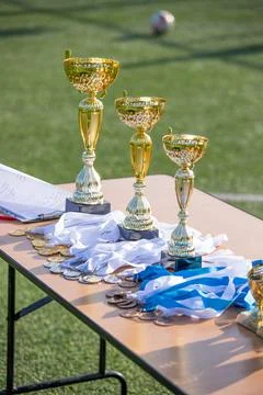 Three different types of winning gold cups on the table with medals Stock Photos