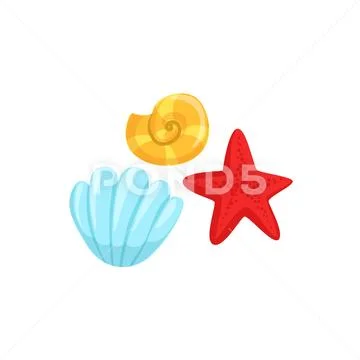 Three Different Underwater Organisms Set, Red Starfish, Yellow Shell And Blue Stock Illustration