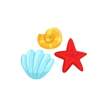 Three Different Underwater Organisms Set, Red Starfish, Yellow Shell And Blue Stock Illustration