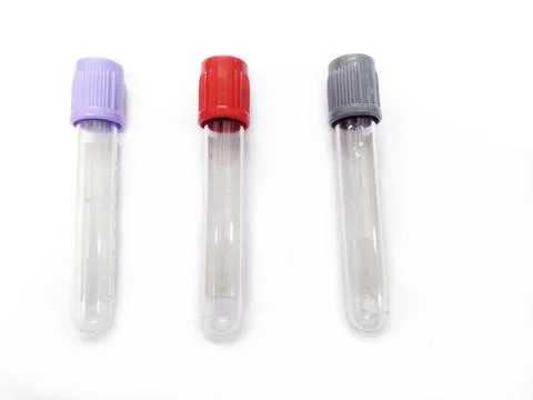 Three different vial or test tube for collection of blood or saliva sample of Stock Photos