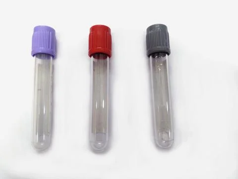 Three different vial or test tube for collection of blood or saliva sample of Stock Photos
