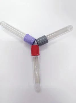 Three different vial or test tube for collection of blood or saliva sample of Stock Photos