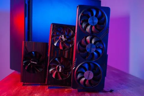 Three different video cards in order to upgrade. Evolution and improvement of Stock Photos