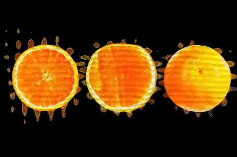 Three different views of orange with glitch and blur effects Stock Photos