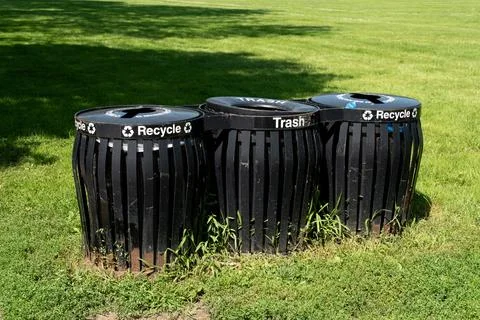 Three different waste bins for recycling and garbage sorting 스톡 사진