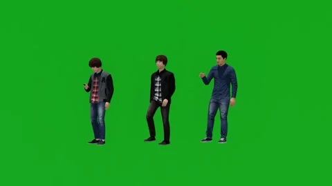 Three different young Asian boys in green screen texting and talking in 3D 스톡 동영상 209279281