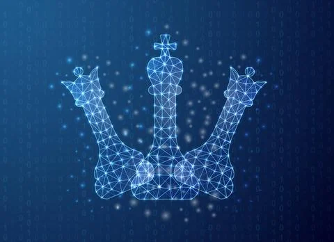 Three digital glowing chess pieces in polygonal mesh wireframe style on dark Stock Illustration