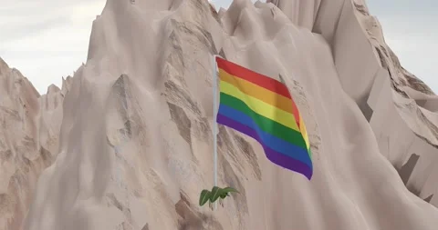 Three-dimensional animation of gay pride flag waving freely in the mountains  Stock Footage 192427596