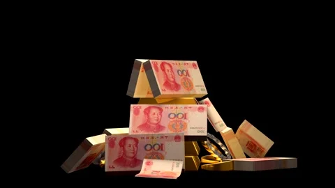 Three-dimensional animation of gold bars and RMB notes Stock Footage 241971682