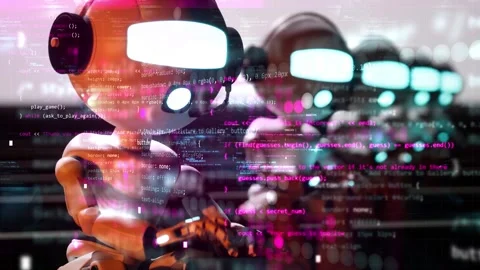 Three dimensional animation of humanoid cyborgs working on code template Stock-Footage 303782312
