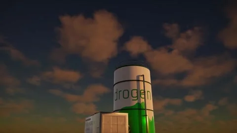 Three dimensional animation of hydrogen tank storage and tower. Clouds with  Stock Footage 320551503