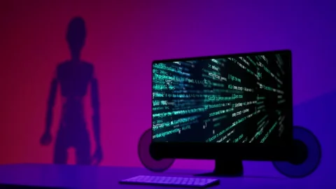 Three dimensional animation of monitor with coding data screen and humanoid  Stock Footage 321460320