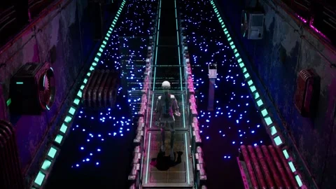 Three dimensional animation of walking ai humanoid between coding data Stock Footage 285670464