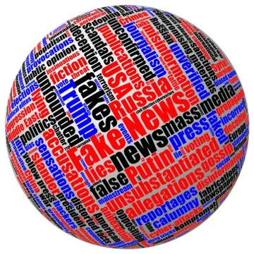 Three-dimensional ball with colored fake news tag word cloud Stock Illustration