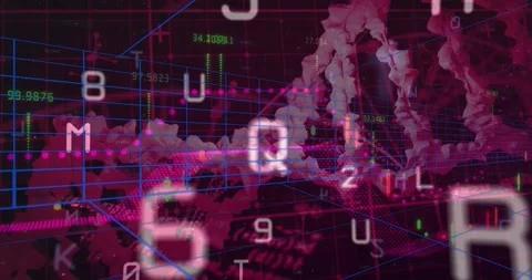 Three-dimensional blue grid showing floating numeric and pink-dotted plots Stock Footage 327361618